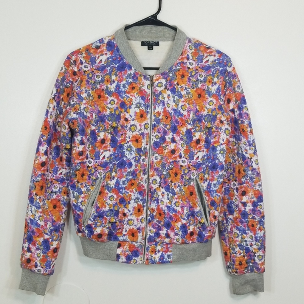 Topshop Floral Zip Up Bomber Jacket